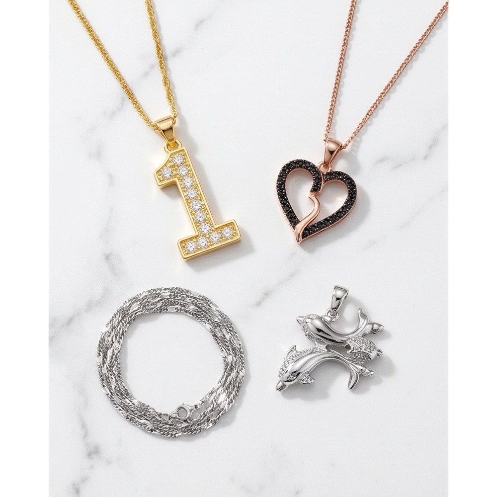 6 Pc Costume Jewelry Bundle 3 Pendants and 3 Chains Gold Silver Rose Gold Tone